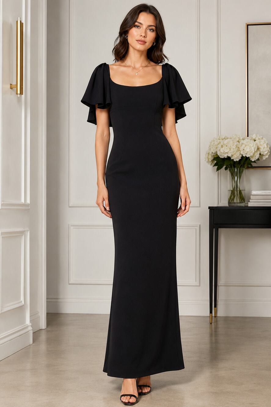 New without Tags Mac Duggal 20962 Black Crepe Flutter Sleeve Maxi Gown Sz 10 - Picture 1 of 16